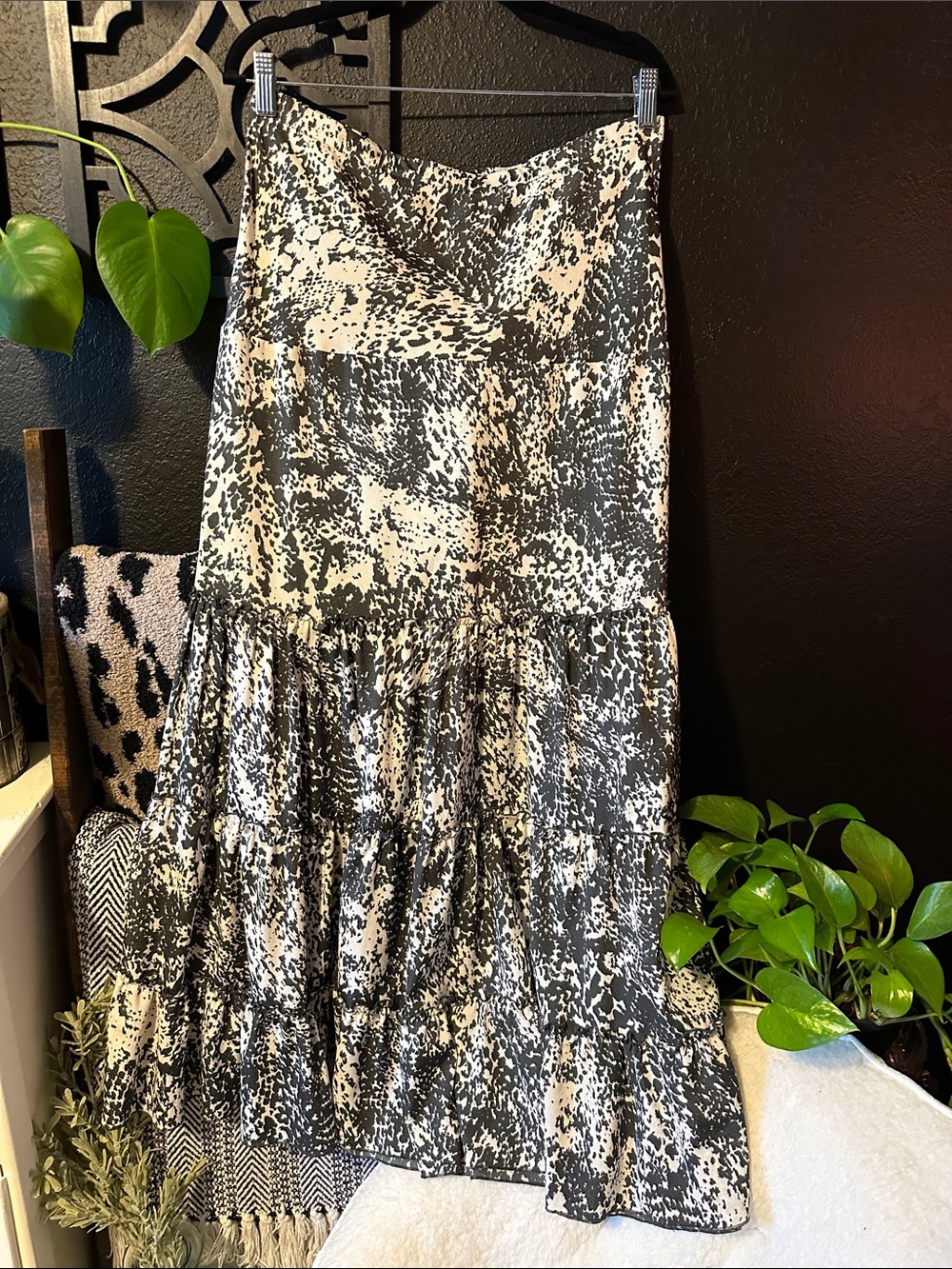 CAbi Black and Ivory Abstract Tiered Maxi Skirt